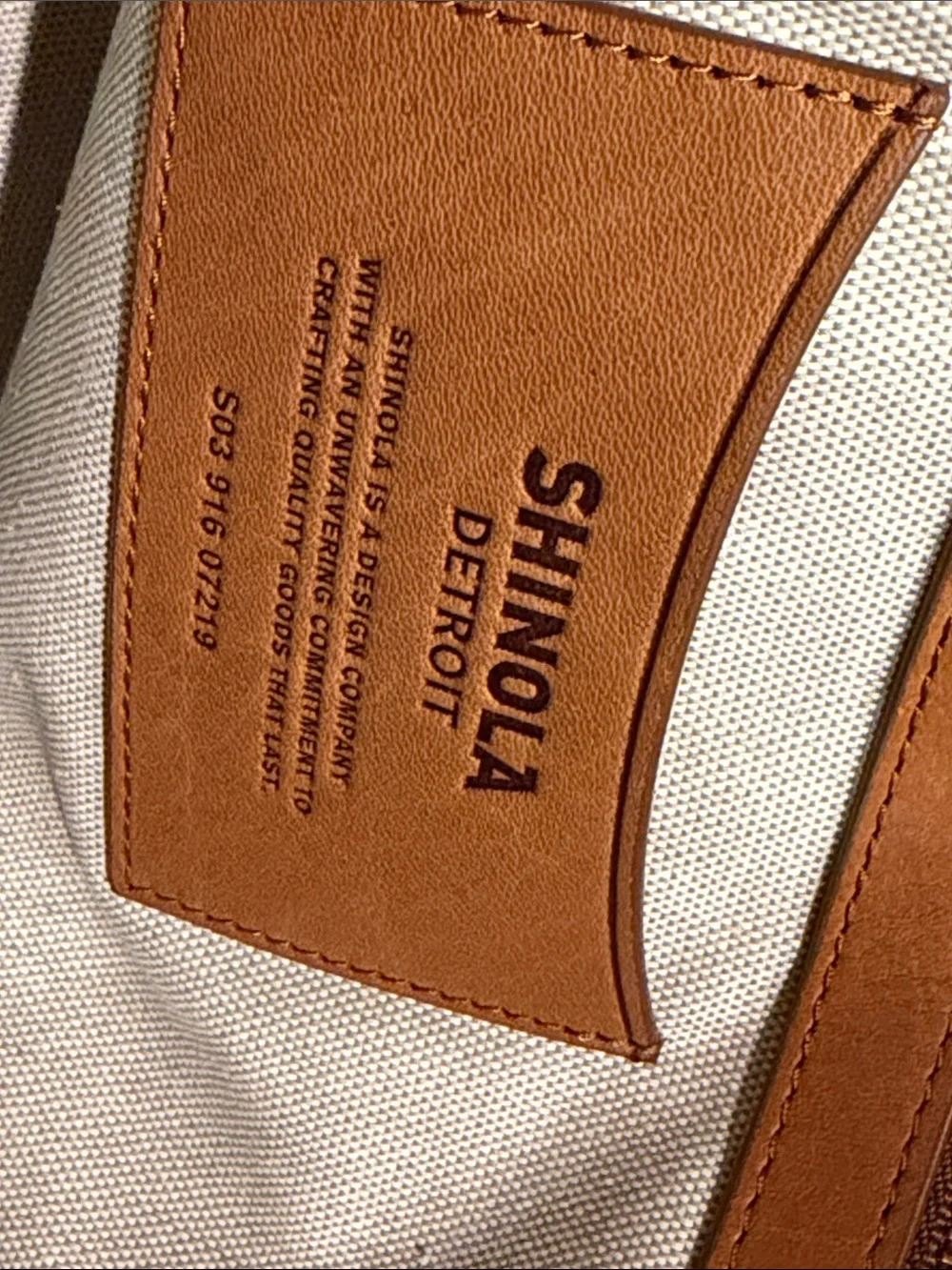 Shinola Cognac Leather Messenger Tote with Striped Shoulder Strap